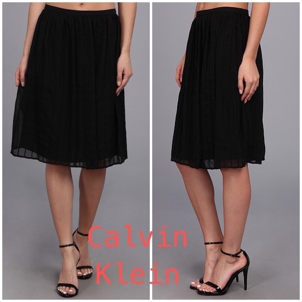 Calvin Klein Black Pintuck Midi Polyester Seam Pleated Chiffon Skirt black